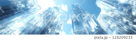 Clear crystal structures rise towards a sunny sky, resembling futuristic skyscrapers. Concept of modernity and nature fusion. For architectural concept photo. Clear crystal structures rise towards a sunny sky, resembling futuristic skyscrapers. Concept of modernity and nature fusion. For architectural concept photo. 128209233