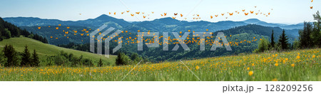 Yellow butterflies fly over a lush green meadow with mountains in the background. Concept of nature's beauty and serenity. For nature-themed designs. Yellow butterflies fly over a lush green meadow with mountains in the background. Concept of nature's beauty and serenity. For nature-themed designs. 128209256