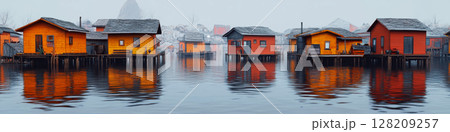 Colorful wooden houses are built over calm water with reflections visible. Concept of tranquility and traditional water housing. For architectural visualizations and travel content. Colorful wooden houses are built over calm water with reflections visible. Concept of tranquility and traditional water housing. For architectural visualizations and travel content. 128209257