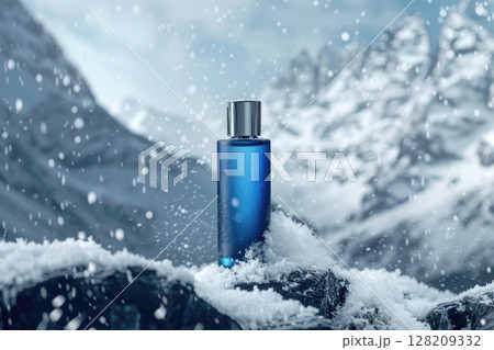 Winter-Themed Perfume Bottle in Snow with Bokeh Background 128209332