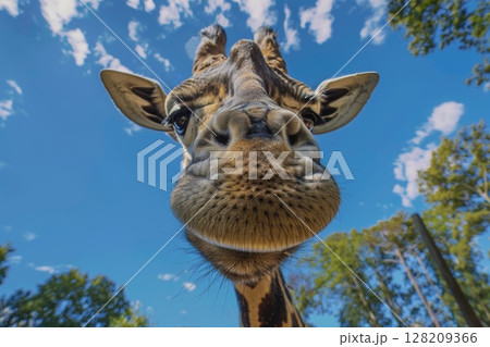 Close-Up of a Happy Giraffe in a Sunny Field with Clear Skies and Lush Green Grass 128209366