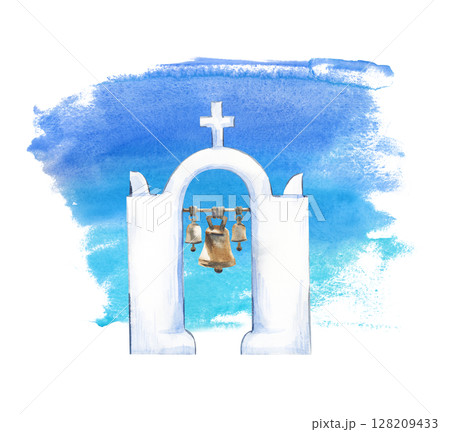 Greek bell tower, hand-drawn. Watercolor illustration on a turquoise-blue watercolor spot background. Stylized sky. The bell tower on the island of Santorini, Greece. 128209433