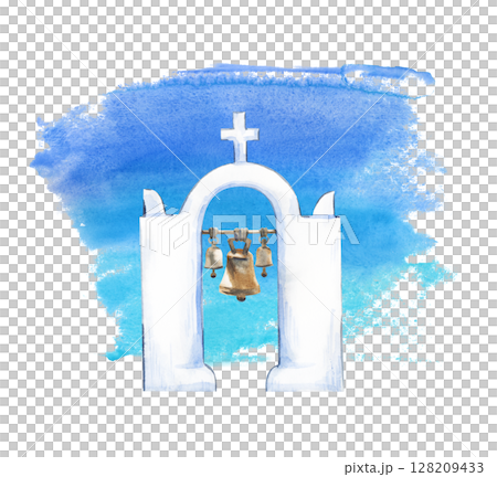 Greek bell tower, hand-drawn. Watercolor illustration on a turquoise-blue watercolor spot background. Stylized sky. The bell tower on the island of Santorini, Greece. 128209433