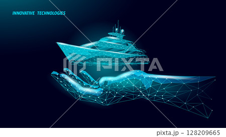 Dream yacht on hand concept. Luxury boat held marine transport wireframe. Travel tourism vacation voyage rental advertising. Low poly blue dark vector 128209665