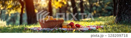 A basket of fruits is on a picnic blanket in a sunlit forest clearing. Concept of outdoor relaxation and nature enjoyment. For nature and picnic-themed promotions. A basket of fruits is on a picnic blanket in a sunlit forest clearing. Concept of outdoor relaxation and nature enjoyment. For nature and picnic-themed promotions. 128209718