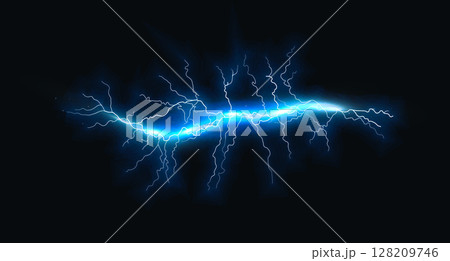 Electric Lightning Bolt Energy Discharge With Glowing Blue Sparks On Dark Background. High Voltage Thunder Shock Effect. Vector Illustration 128209746