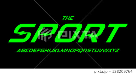 Bold Sport Font Alphabet with Lightning Bolt Accents in Neon Green on Black Background, Fast-Paced Display Typeface for Racing Posters, Energy Branding, or Gaming Titles. Vector Illustration. Bold Sport Font Alphabet with Lightning Bolt Accents in Neon Green on Black Background, Fast-Paced Display Typeface for Racing Posters, Energy Branding, or Gaming Titles. Vector Illustration. 128209764