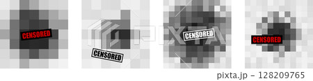 Censored Background Pattern Pixel Mosaic Blur Texture Set for Censor Content, Explicit Censorship, Adult Hiding, Anonymity Banner. Grey Tone Bar with Bright Typography Label. Vector Illustration 128209765
