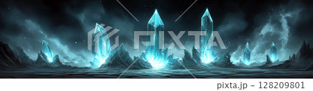 Crystals stand in a row, glowing against a dark, foggy landscape. Concept of fantasy and mystery. For sci-fi book covers. 128209801
