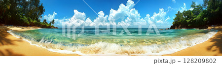 Sandy beach with turquoise waves and lush green trees under a clear blue sky. Concept of a tropical paradise. For travel brochure. 128209802
