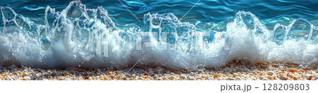 Waves crash onto a rocky shore, with sunlight reflecting off the water. Concept of nature's beauty and movement. For background in coastal themes 128209803
