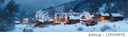 Snowy village with illuminated wooden houses nestled in a forested area at dusk, smoke rising from chimneys. Concept of winter serenity. For holiday greeting visuals. 128209858