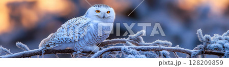 Snowy owl perched on a frosty branch with blurred winter background. Concept of winter and wildlife. For winter wildlife photo. 128209859