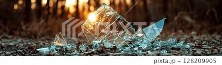Shattered glass pieces reflecting sunlight lie on a forest floor. Concept of fragmentation and reflection. For backgrounds or artistic design. 128209905