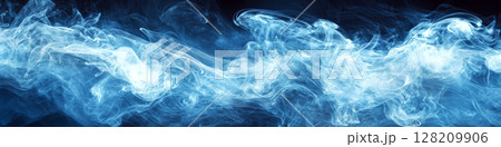 Blue and white smoke swirls gracefully against a dark background. Concept of ethereal beauty and mystery. For use in design projects or backgrounds. 128209906