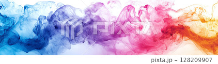 Abstract swirls of blue, purple, pink, and orange smoke blend on a white background. Concept of vibrant color fusion and creativity. For digital design. 128209907
