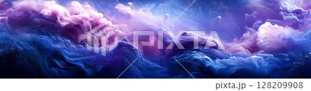 Abstract swirls of purple and blue hues blend like clouds. Concept of ethereal and vibrant artistry. For backgrounds or digital design. 128209908