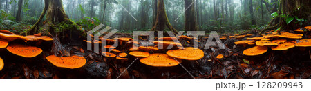 Bright orange mushrooms cover the forest floor surrounded by misty tall trees. Concept of nature's beauty and biodiversity. For nature-themed content. 128209943