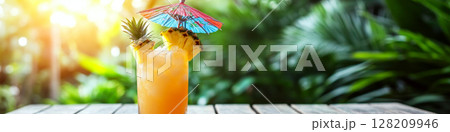 A tropical drink with a colorful umbrella and pineapple garnish sits on a wooden table outdoors. Concept of summer refreshment and relaxation. For summer beverage advertisement. 128209946
