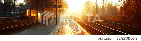Train approaches a station at sunrise with sunlit trees and empty platform. Concept of travel and tranquility. For transportation marketing. Train approaches a station at sunrise with sunlit trees and empty platform. Concept of travel and tranquility. For transportation marketing. 128209958
