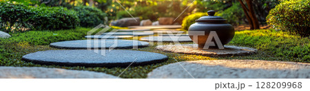 Stone pathway leads through a lush garden with a pot on one stone. Concept of tranquility and natural beauty. For relaxation themes. Stone pathway leads through a lush garden with a pot on one stone. Concept of tranquility and natural beauty. For relaxation themes. 128209968