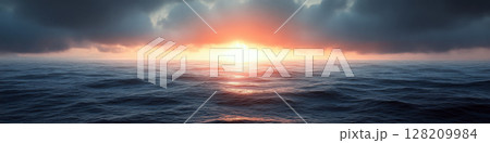 Ocean waves under a dramatic sky meet the warm glow of the setting sun on the horizon. Concept of tranquility and natural beauty. For background in travel ads. 128209984