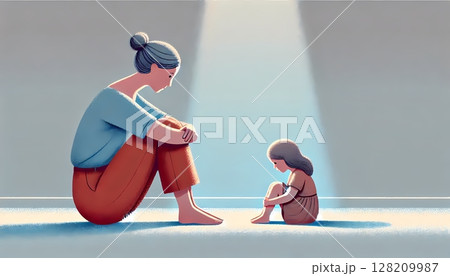インナーチャイルドと対話する女性のイラスト　小さな女の子との対話 128209987
