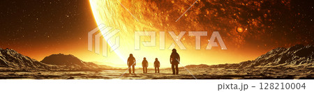 Four astronauts in spacesuits walk on a barren, rocky planet with a giant glowing celestial body in the sky. Concept of space exploration and adventure. For a sci-fi themed photo. 128210004