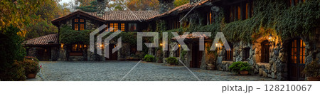 A large stone house with ivy-covered walls and warm lights stands amidst autumn trees. Concept of rustic architecture and serenity. For real estate promotion. 128210067