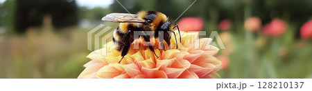 A bumblebee rests on a vibrant dahlia flower in a garden with blurred green and pink background. Concept of nature and pollination. For biodiversity photos. 128210137