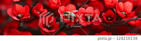 A bee is resting on vibrant red flowers in full bloom. Concept of nature's beauty and pollination. For nature-themed art. 128210138