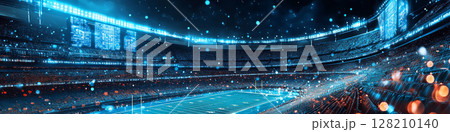 A brightly lit stadium with digital screens. Concept of technology in sports. For sports event promotion 128210140