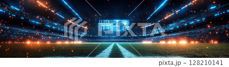 A vibrant stadium lit at night with a futuristic digital screen glowing blue. Concept of sports events and entertainment. For sports event promotion 128210141