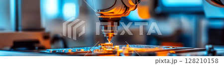 A close-up of a robotic machine working on a circuit board in a high-tech environment. Concept of precision and automation. For technology articles A close-up of a robotic machine working on a circuit board in a high-tech environment. Concept of precision and automation. For technology articles 128210158