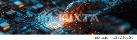 A robotic hand interacts with a glowing circuit board with intricate details. Concept of technology and innovation. For technology editorials or presentations. A robotic hand interacts with a glowing circuit board with intricate details. Concept of technology and innovation. For technology editorials or presentations. 128210159