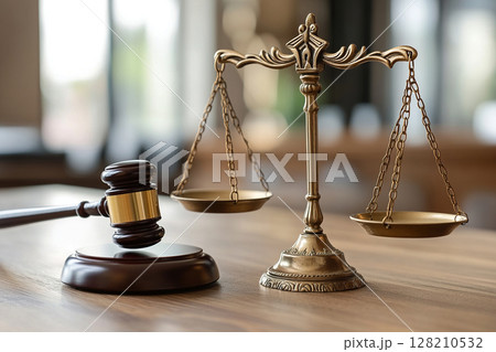 Scales of law on a wooden table. Symbol of justice. Concepts of law. 128210532