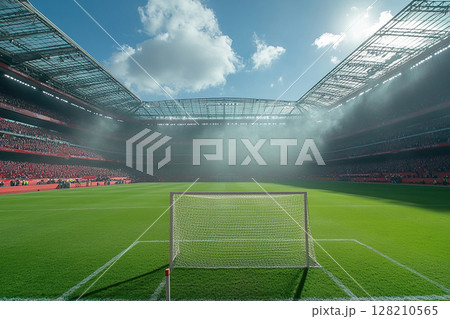 Empty football goal on empty stadium with green grass on sunny day. Football championship concept. Generated by artificial intelligence 128210565