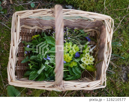 Basket full of herbs and flowers is sitting on the ground 128210577