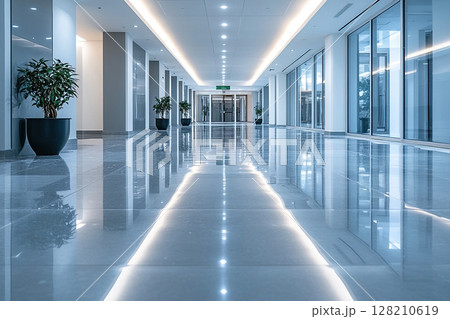 Clean shiny floor, potted plants and blurred space. Modern bright interior of an office or medical center with a long corridor. 128210619