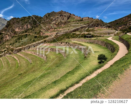 Peru Sacred valley Incas Urubamba terraced fields near Pisac fortress old ruins. Peru Sacred valley Incas Urubamba terraced fields near Pisac fortress old ruins. 128210627