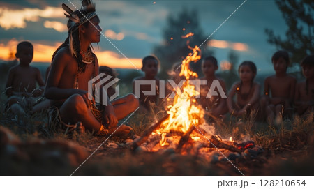 A young storyteller shares wisdom around a campfire with children under a vibrant sunset. 128210654