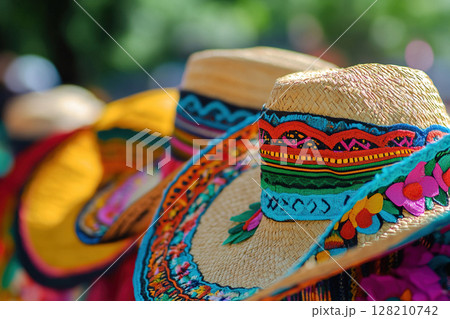 Mexican sombrero at street market with blurred background. Mexican sombrero at street market with blurred background. 128210742