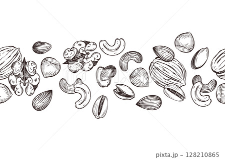 Seamless border of nuts, walnuts, cashews, hazelnuts, pistachios, all objects are hand-drawn in vector. The illustration is suitable for printing on fabric, paper, food packaging. Vector illustration Seamless border of nuts, walnuts, cashews, hazelnuts, pistachios, all objects are hand-drawn in vector. The illustration is suitable for printing on fabric, paper, food packaging. Vector illustration 128210865