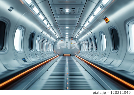 Space station and electronic technology concept. Interior inside the space station. Corridor, portholes and door. 128211049