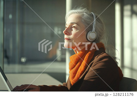 Portrait of middle aged woman with headphones and thoughtful expression sitting in an empty office. Generated by artificial intelligence 128211176