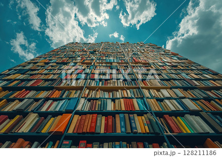 Education concept. A wall of books goes high into the blue sky. 128211186