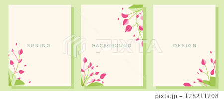Set of spring floral invitations or greeting cards templates with green and pink flowers and branches on white background. Vector set 128211208