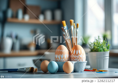 Photo of Easter eggs with design and decoration handmade with brushes and paints. Easter eggs on the kitchen countertop. Generated by artificial intelligence 128211217