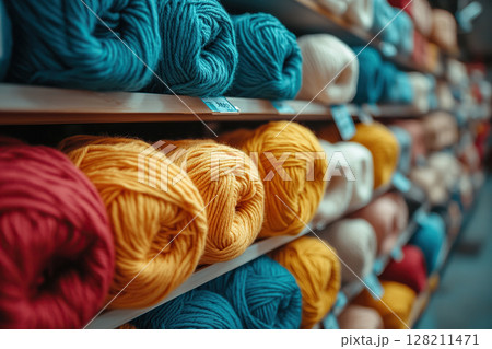 Yarn rack in a store. Balls of yarn close-up. Craft supplies. Shelf with multi-colored balls of yarn for knitting. Generated by artificial intelligence 128211471