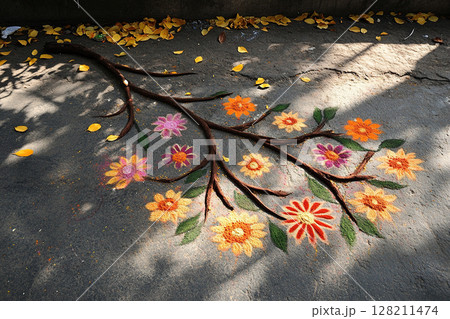 Indian rangoli color art on asphalt. Image of flowers laid out with colored sand. Generated by artificial intelligence 128211474